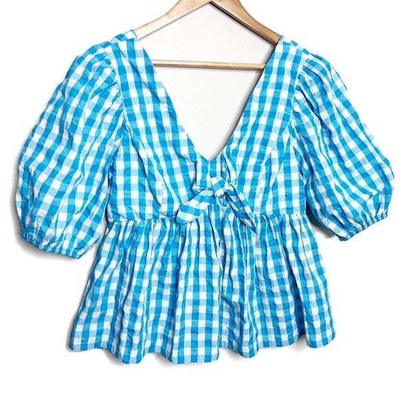 Lilly Pulitzer Sarafina Gingham Babydoll Womens Puff Short Sleeve Tie Top Blouse - Picture 4 of 16